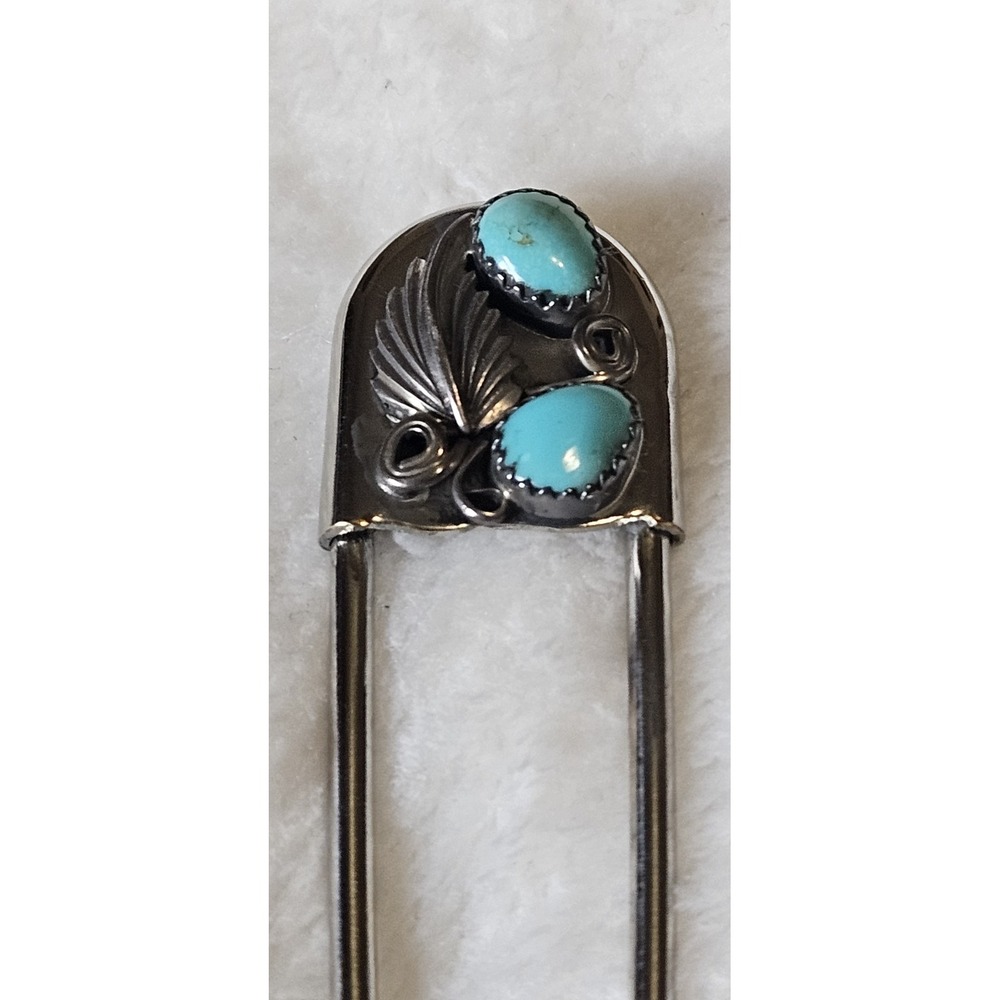 Vtg Turquoise Large Safety Pin Keychain Native American Style 3 Inch - Picture 2 of 5